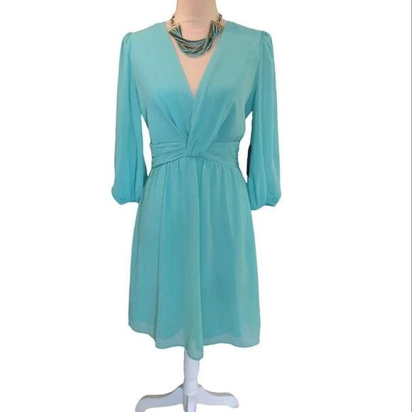 Vince Camuto Turquoise Chiffon Twist Front Balloon Sleeve Dress Size 4 NWT - Picture 2 of 12
